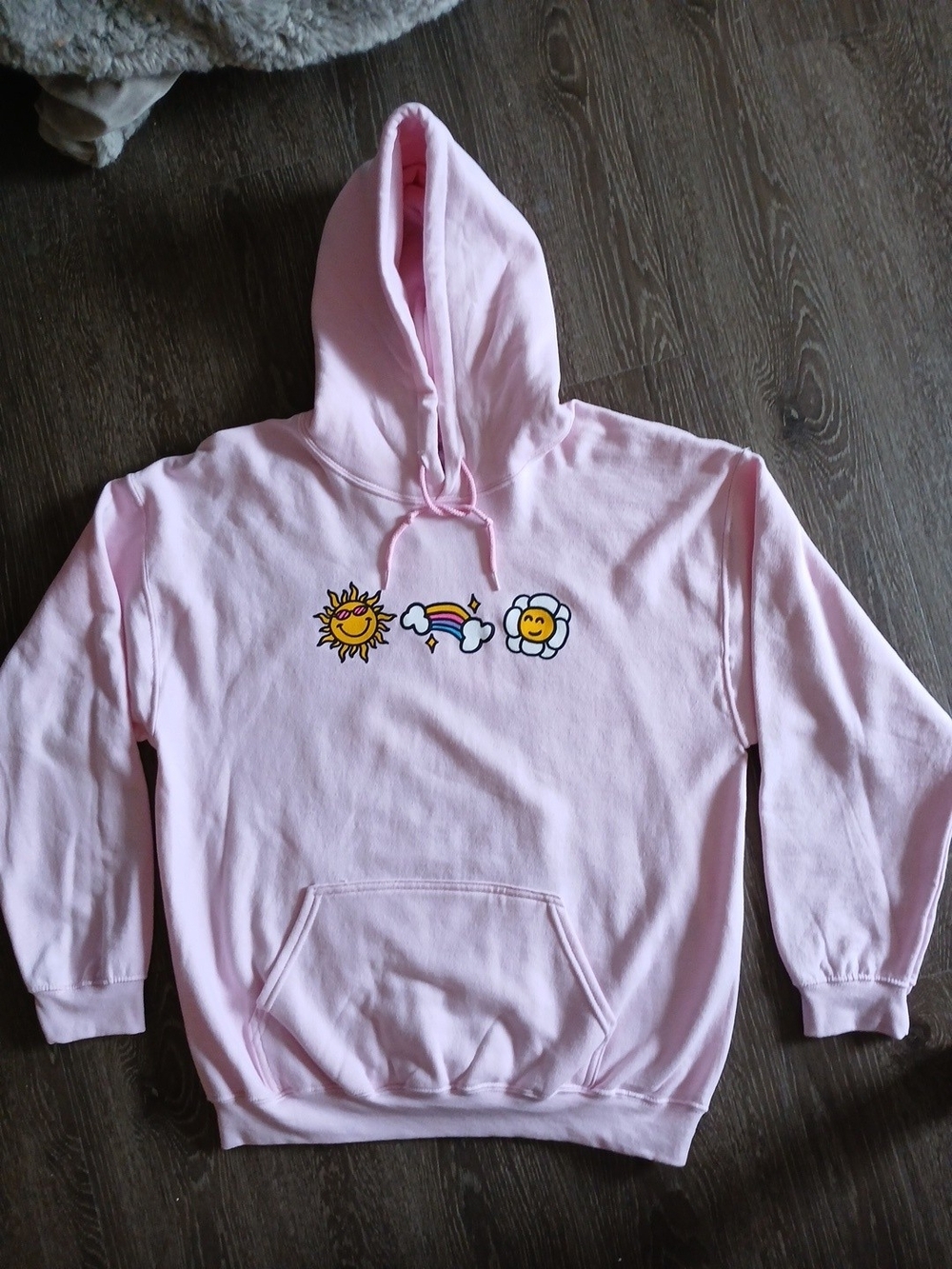 Rue21 Pink Pullover Hoodie with Sun, Rainbow & Flower Art